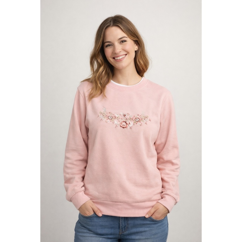 Vintage Light Pink Light Pink Heart Dove Embroidered Sweater‎ Size Large Petite
